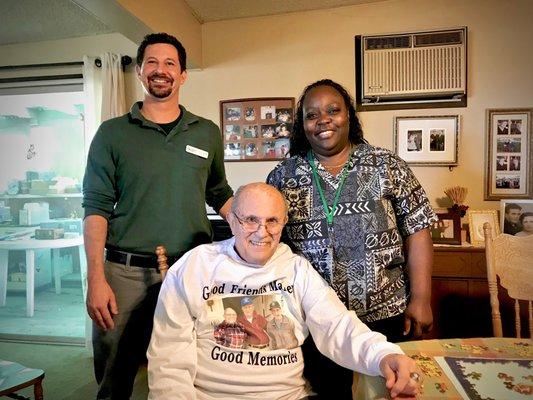 Owner, Aaron with Client, Bob and Caregiver, Debbie