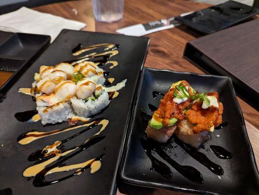 Baked scallop, spicy tuna on crispy rice