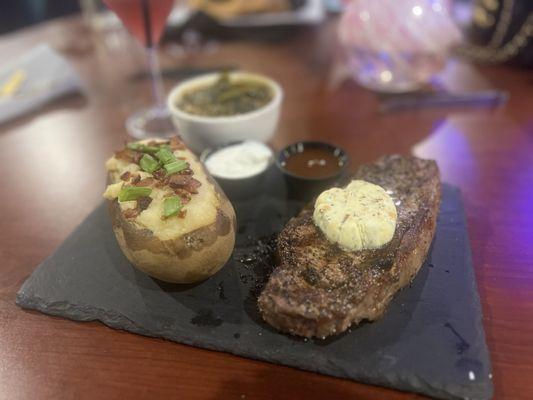 12oz ribeye steak with greens and baked potato 8/10