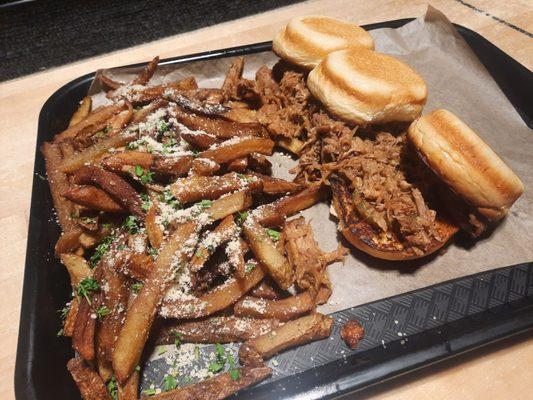 Pulled pork sliders and parmesan truffle fries.