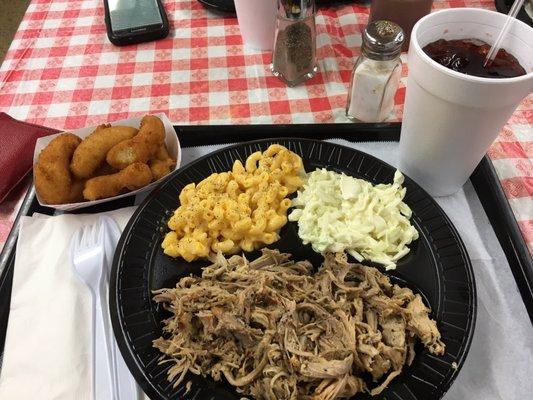 BBQ Pork Plate - coleslaw, mac and cheese, and hushpuppies.  (Highly recommend the hushpuppies!)