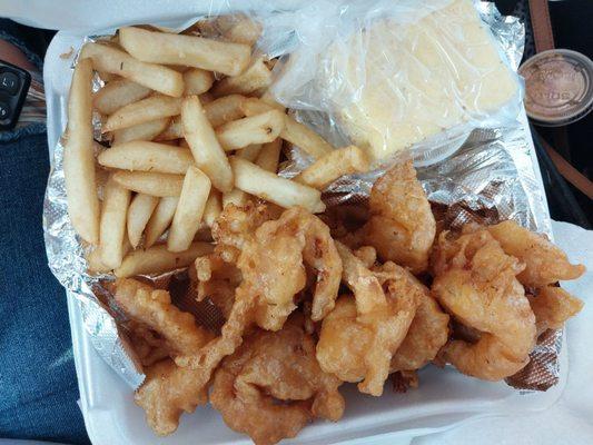 10 piece shrimp with fries and Mac & cheese. Cornbread