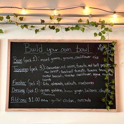 Menu - build your own bowl - many healthy vegetarian/vegan options available - august 2021