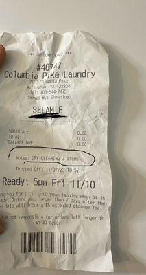 receipt drop off the 3 items