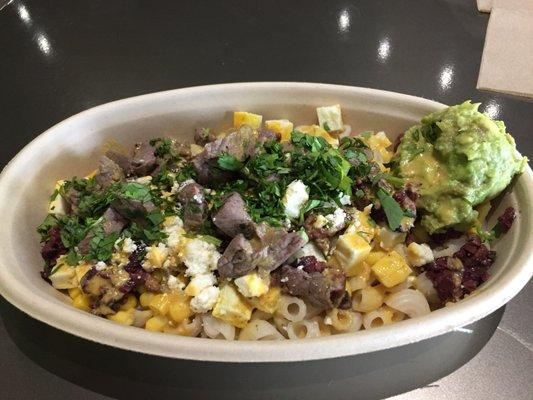 Steak, corn , avocado, quinoa pasta, feta, Kalamata olives