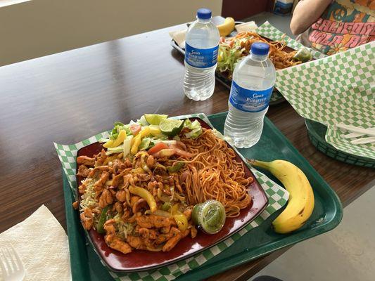 Chicken Suqaar with rice & spaghetti (50:50). Comes with one drink, Basbaas (Somali hot sauce) and banana for $20. Needs bananas!