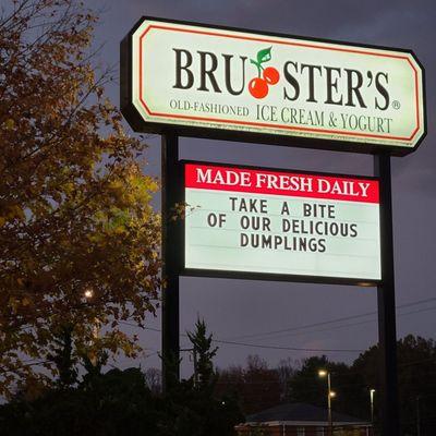 Close-up of Bruster's sign.