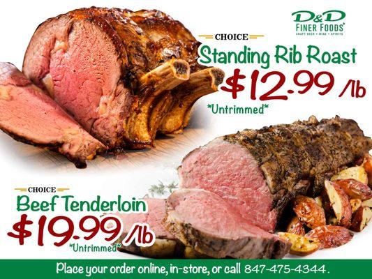 Holiday Meat Specials 2020: Choice beef tenderloin and premium standing rib roast.