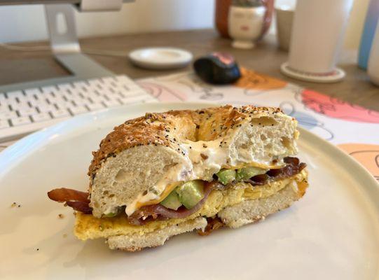 Bagel sandwich with the chongo bagel, bacon, jalapeno cream cheese and avocado