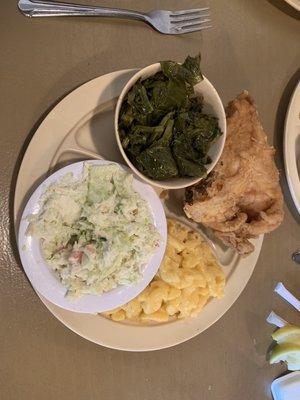 Fried Chicken, Mac & Cheese, Cole Slaw Salad, Collard Greens.