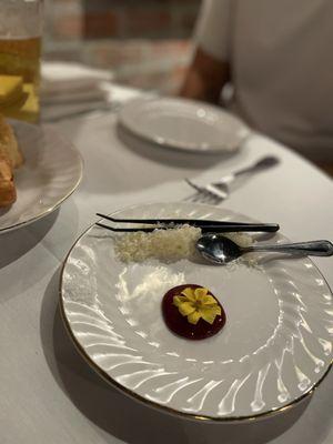 Popover topping selection. Gruyère Cheese with Maldon Sea Salt or Berries puree.