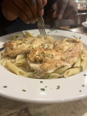 Chicken francaise over penne