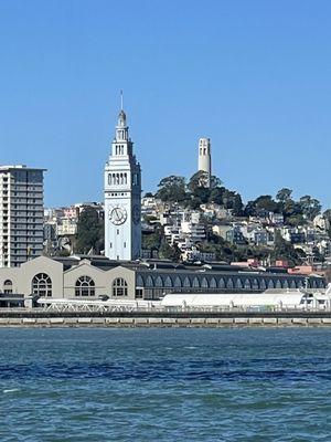 Crisp view of SF Ferry Building and Coit Tower from Pura Vida on the bay.