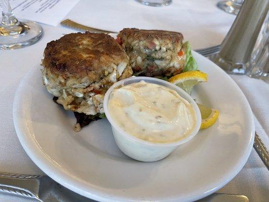 Maryland style crab cakes with mixed greens