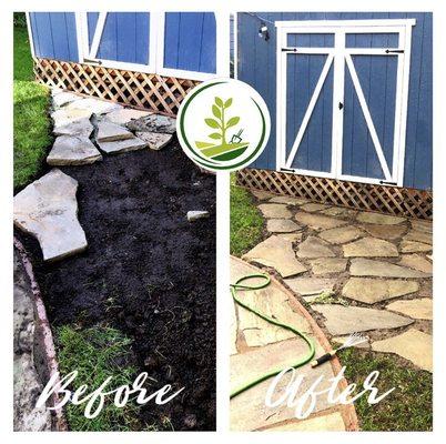 Process of adding a steppingstone path in front of a shed, also adding diamondia ground cover.