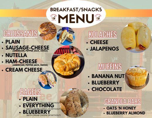 breakfast/snacks menu