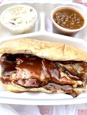 Brisket, sandwich, beans, and potato salad!