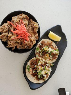 Beef bowl (small) & 2 tacos from the Tuesday special that came with the Tonkotsu Ramen