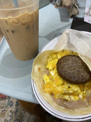 Caramel iced coffee and a sausage breakfast burrito