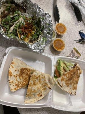 Asada Quesadilla, Al Pastor and Barbados Tacos