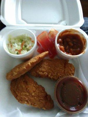 3 piece chicken strip meal with two sides (cole slaw & baked beans).  BBQ dipping sauce (extra) and complimentary hot sauce.