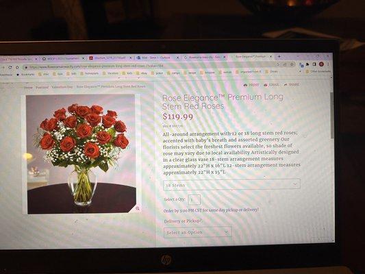 Cost of 18 arranged roses on website for Valentine's Day