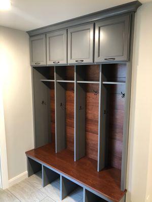 Horizontal Cherry bead board and bench, painted lockers.  Function and Beauty combined!