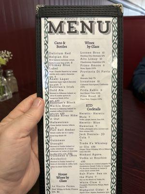 Drinks menu