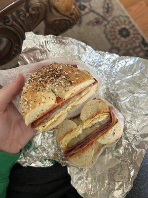 pork roll, hash brown, egg and cheese Sandwich on an everything bagel