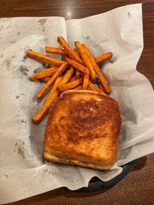 Patty melt and sweet potato fries