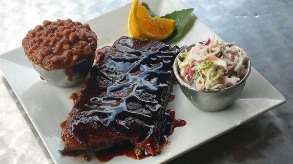 Half Rack of Ribs Platter w/ Bourbon Baked Beans, Coleslaw,  & Cornbread