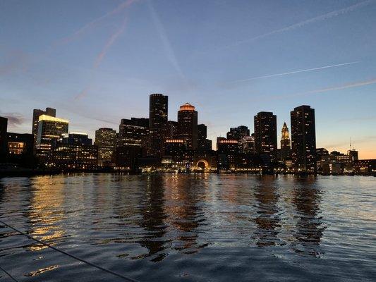 Twilight Skies over the city of Boston. The Schooner Adirondack III. In Boston