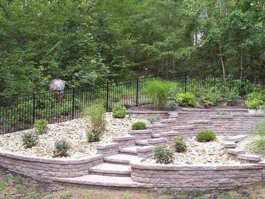 Retaining walls, washed gravel, landscaped hillside