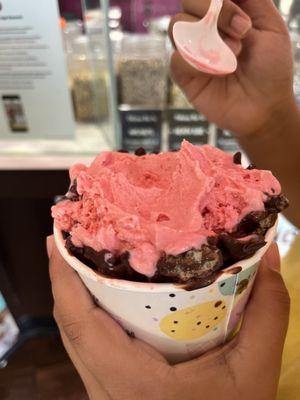 This is what my sister ordered: a strawberry ice cream in a chocolate dipped waffle bowl