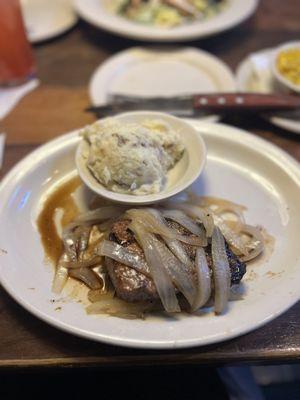 New York Strip* with mashed potatoes- no gravy