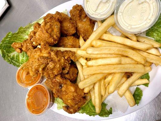 Order of Breaded Chicken Wings (buffalo sauce and ranch) with French Fries