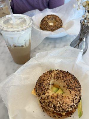 Vienna Pistachio Latte, Incredible Bagel Sandwich, ham , egg, and cheese bagel, Organic Chocolate Chai Latte with Espresso.