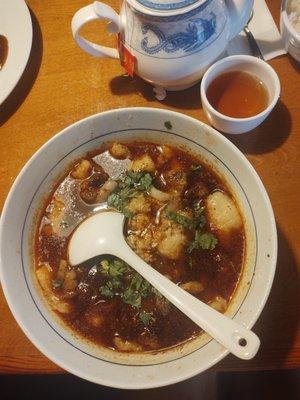 Spicy fish w/ chill, coriander, rice noodles, and more. They have similar meals w/beef pork &chicken if you don't like fish. Intense flavor