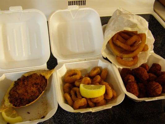 Stuffed crab, calamari, and something else fried.  And good onion rings!