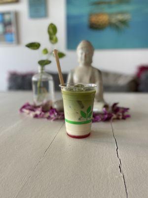 Latte of the day. Vegan Raspberry Green Matcha