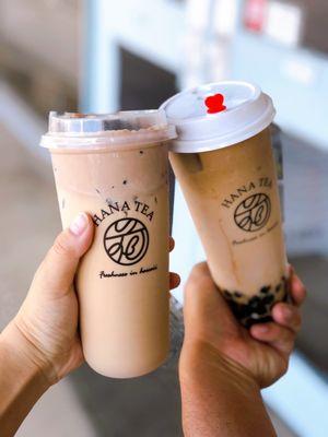 Brown sugar milk tea with Oreo chocolate foam (left) Brown sugar boba milk tea