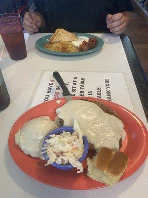 Country fried steak with mash and slaw