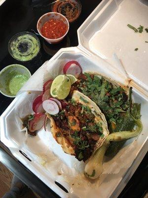 Al Pastor Tacos minus one  Both Verde and Roja Chile are yummy too.