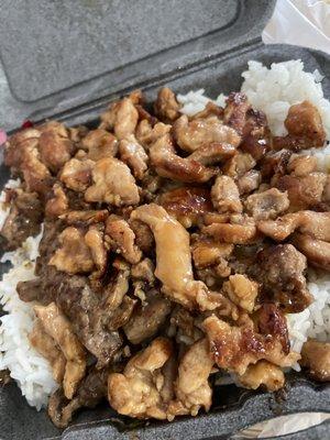 White rice, chicken, beef.