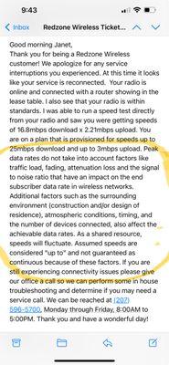 The email received from Redzone Wireless Tech Support-  highlights the company's excuses for poor service quality!