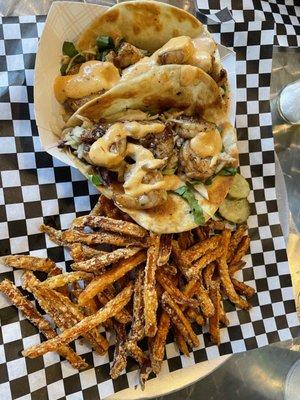 Blackened shrimp tacos and sweet potato fries