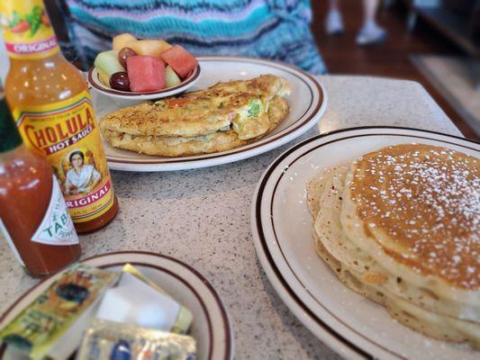 Veggie Omelet and fruit with excellent pancakes