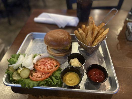 Skybox Steak Burger with fries