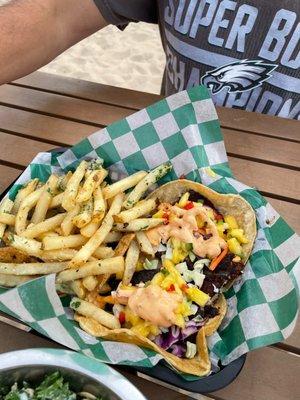 Fish tacos with parmesan truffle fries