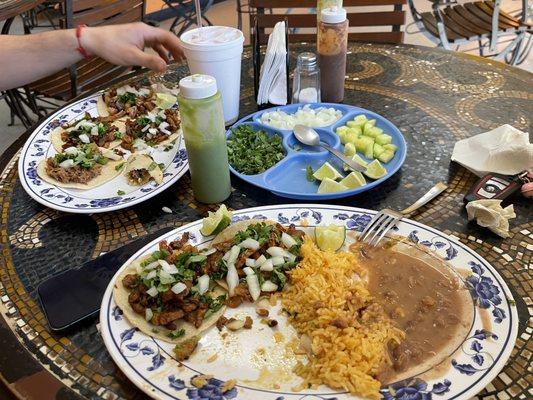 Pastor tacos rice and beans